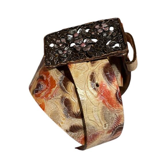 Streets Ahead Womens/Teen Leather Rose Belt Large Floral Brown Buckle Maximalist